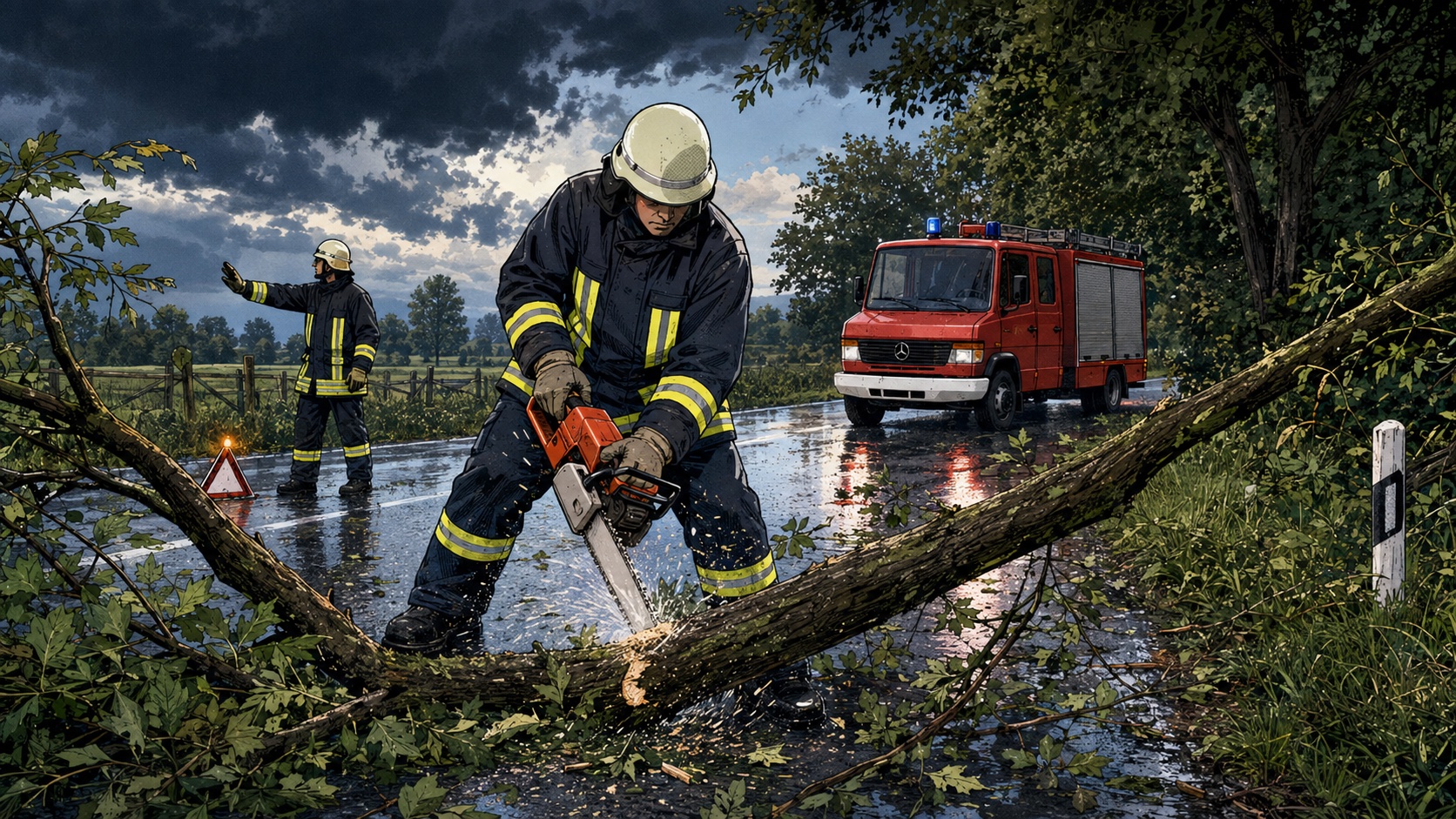 Comicartige KI-Symbolillustration eines Feuerwehrangehörigen beim Zersägen eines großen Astes am Fahrbahnrand