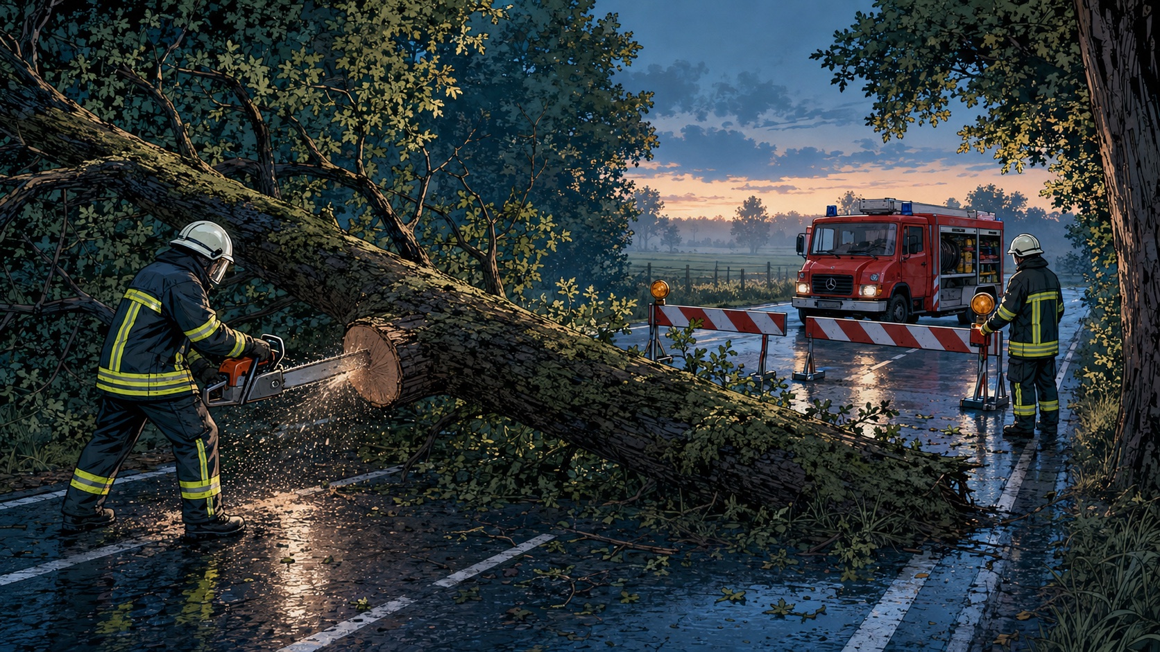 Comicartige KI-Symbolillustration eines umgestürzten Baumes über einer nassen Landstraße und arbeitender Feuerwehrkräfte