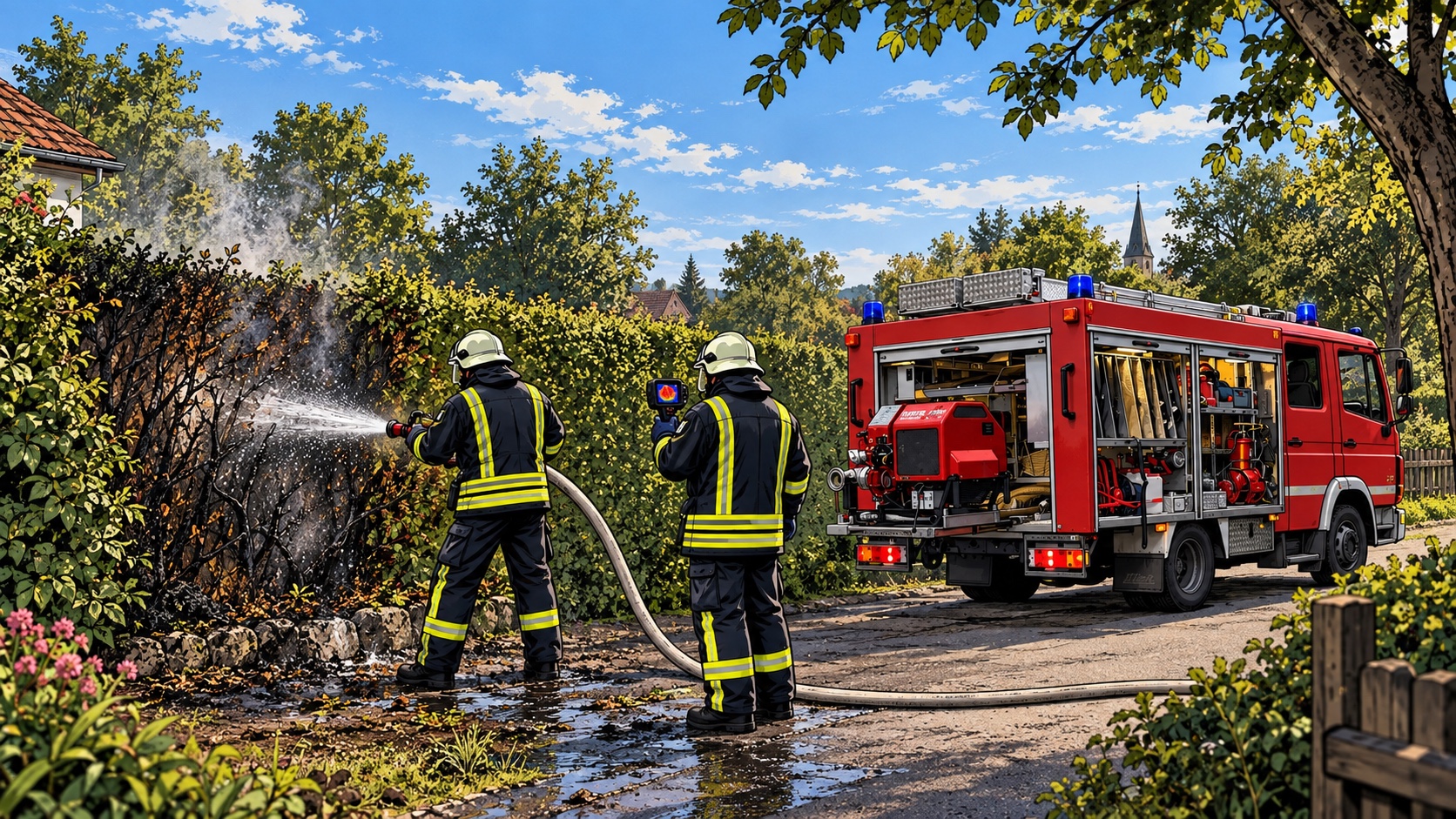 Comicartige KI-Symbolillustration von Nachlöscharbeiten an einer Hecke mit einem älteren TSF-W im Hintergrund