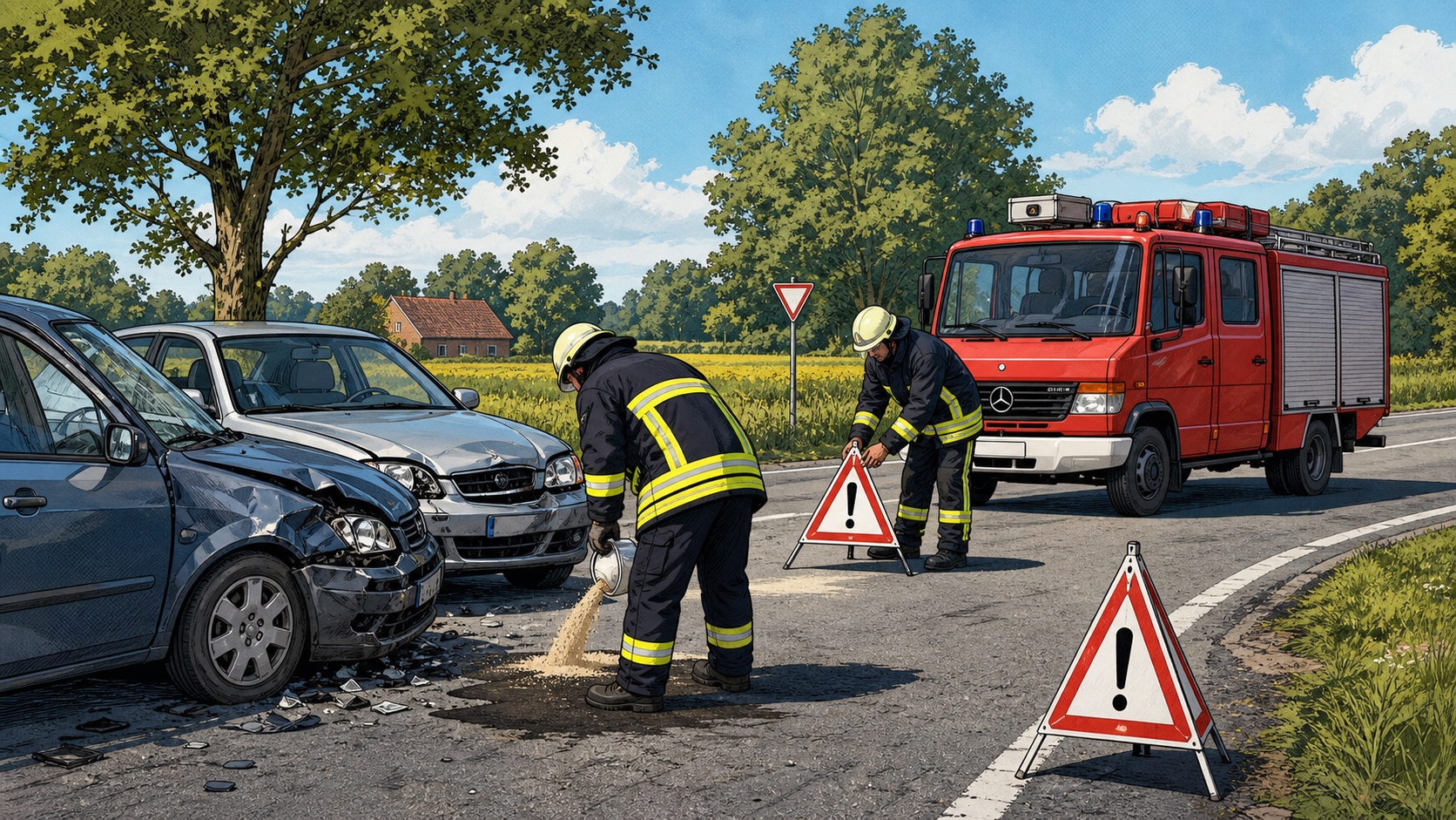Comicartige KI-Symbolillustration zweier beschädigter Pkw und absichernder Feuerwehrkräfte an einer ländlichen Kreuzung